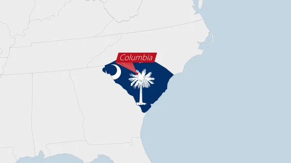 サウスカロライナ州地図サウスカロライナ州の旗の色と州都コロンビアのピンで強調表示 — ストックベクタ