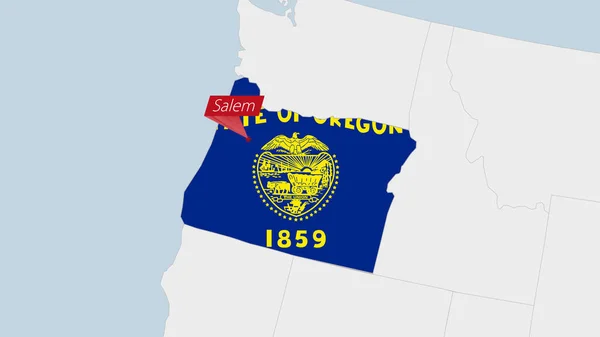 Amerikaanse Staat Oregon Kaart Gemarkeerd Oregon Vlag Kleuren Pin Van — Stockvector