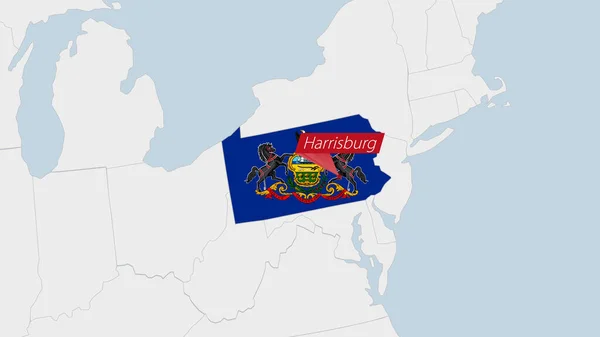 Karte Des Bundesstaates Pennsylvania Hervorgehoben Den Flaggenfarben Pennsylvanias Und Der — Stockvektor