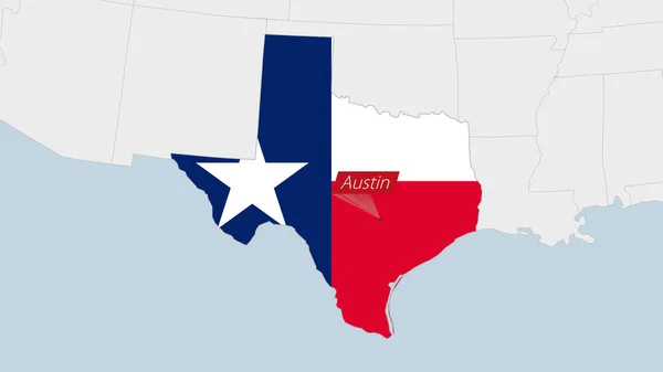Carte État Américain Texas Mise Évidence Dans Les Couleurs Drapeau — Image vectorielle
