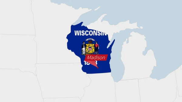 Mapa Státu Usa Wisconsinu Zvýrazněná Barvách Vlajky Wisconsinu Kolíku Hlavního — Stockový vektor