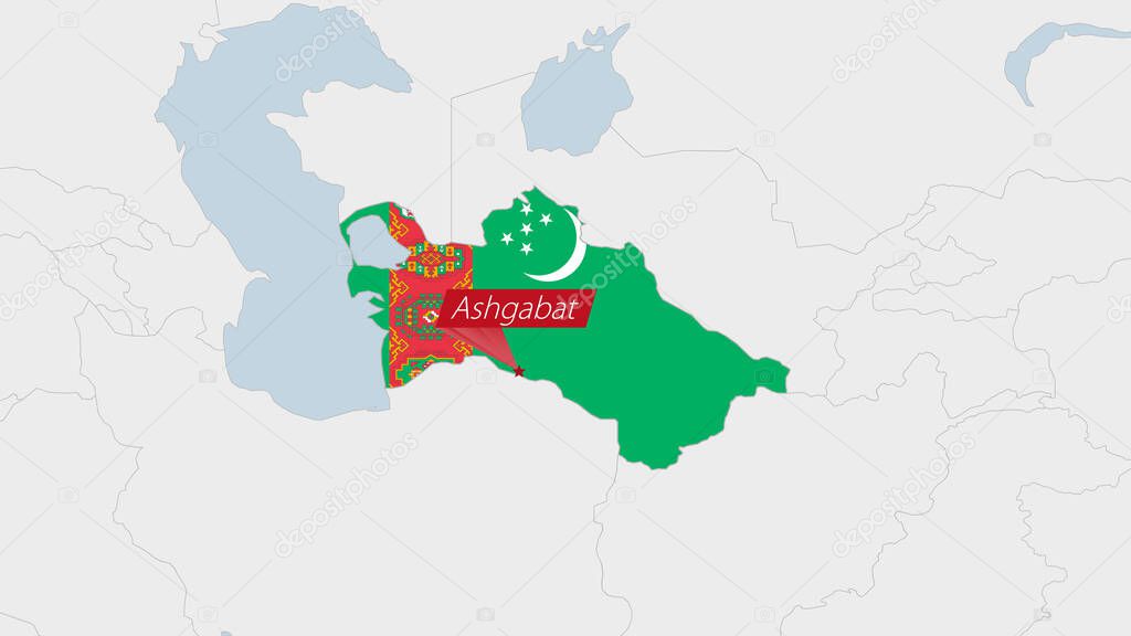 Turkmenistan map highlighted in Turkmenistan flag colors and pin of country capital Ashgabat.
