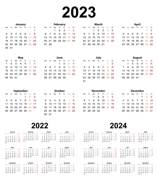 Basic Calendar Year 2023 2022 2024 Week Starts Monday Basic — Stock Vector