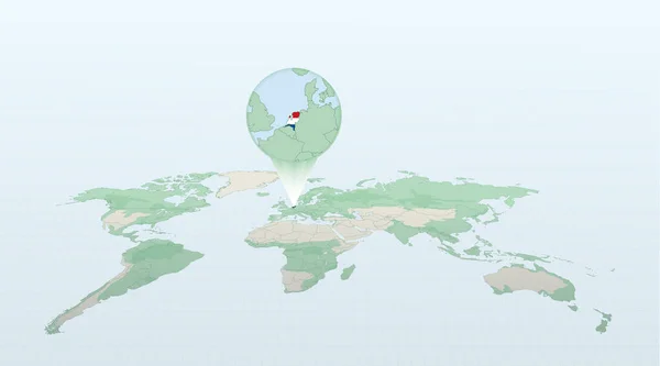 Mapa Mundo Perspectiva Mostrando Localização País Holanda Com Mapa Detalhado — Vetor de Stock