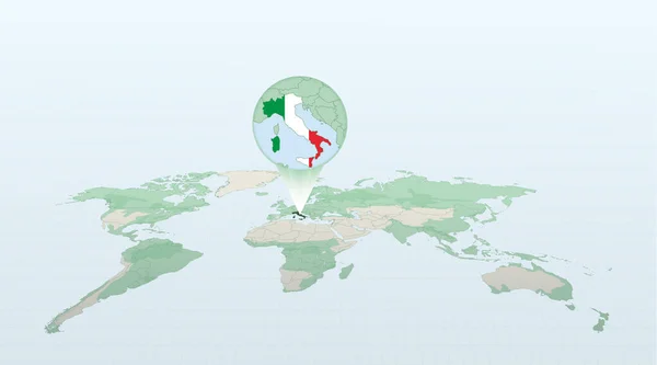 Mapa Świata Perspektywie Ukazującej Lokalizację Kraju Włochy Szczegółową Mapą Flagą — Wektor stockowy