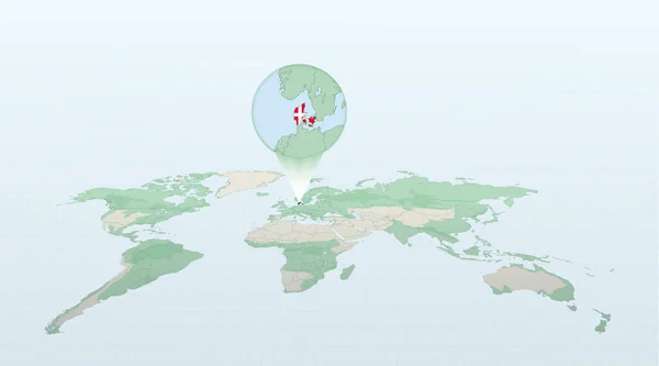 Mapa Mundo Perspectiva Mostrando Localização País Dinamarca Com Mapa Detalhado — Vetor de Stock