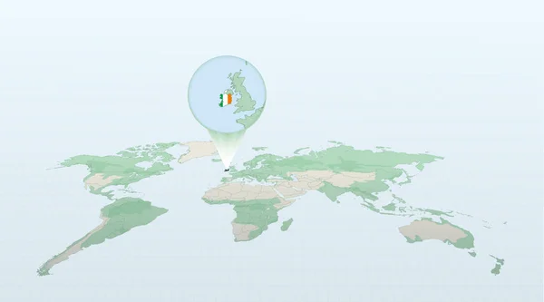 Wereldkaart Perspectief Van Locatie Van Het Land Ierland Met Gedetailleerde — Stockvector