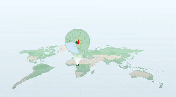 Mapa Świata Perspektywie Pokazuje Lokalizację Kraju Kamerun Szczegółową Mapą Flagą — Wektor stockowy