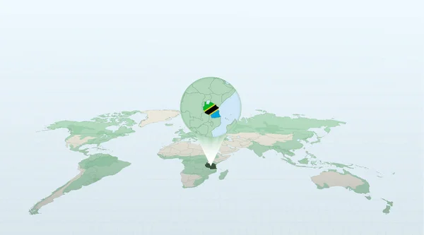 Mapa Świata Perspektywie Ukazującej Lokalizację Kraju Tanzania Szczegółową Mapą Flagą — Wektor stockowy