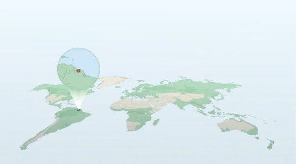 Mapa Świata Perspektywie Pokazuje Lokalizację Kraju Surinam Szczegółową Mapą Flagą — Wektor stockowy