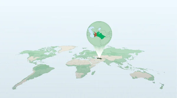 Mapa Mundo Perspectiva Mostrando Localização País Turquemenistão Com Mapa Detalhado — Vetor de Stock