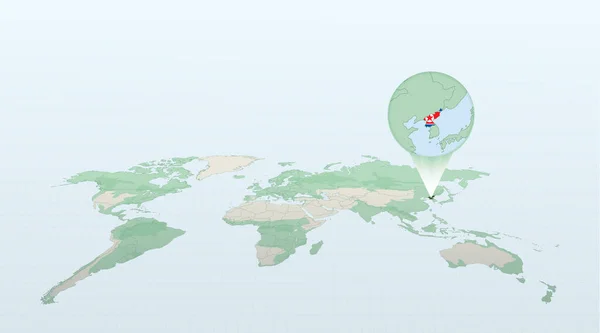 Mapa Světa Perspektivou Ukazující Polohu Země Severní Korea Podrobnou Mapou — Stockový vektor