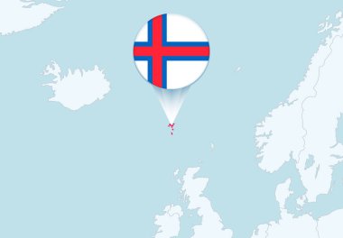 Seçili Faroe Adaları haritası ve Faroe Adaları bayrak simgesine sahip Avrupa.