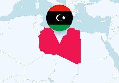 Seçili Libya haritası ve Libya bayrak simgesiyle Afrika.
