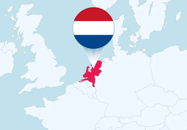 Europa Mit Ausgewählter Niederlande Karte Und Niederlande Flagge — Stockvektor