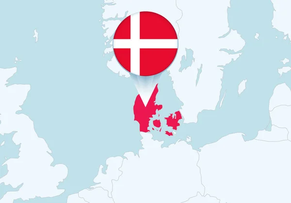 Evropa Vybranou Mapou Dánska Ikonou Vlajky Dánska — Stockový vektor
