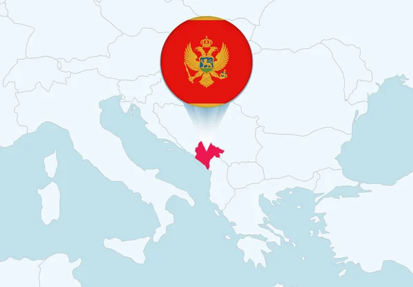 Europa Con Mapa Montenegro Seleccionado Icono Bandera Montenegro — Vector de stock