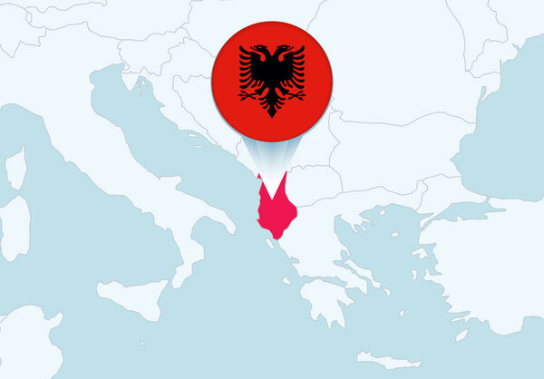 Europe with selected Albania map and Albania flag icon.