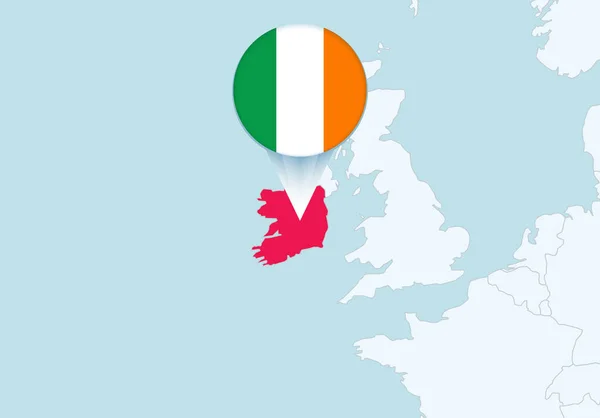 Europa Com Mapa Irlanda Selecionado Ícone Bandeira Irlanda — Vetor de Stock