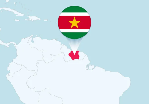 Amerika Med Markerad Surinam Karta Och Surinam Flagga Ikon — Stock vektor