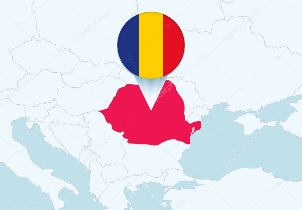 Europe with selected Romania map and Romania flag icon.