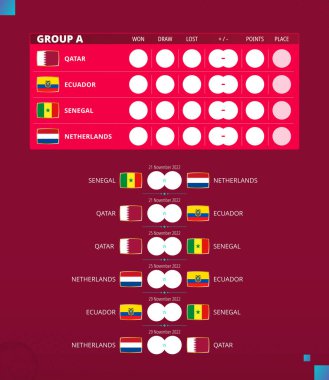 Futbol kupası 2022, A Grubu maç programı. Katar, Ekvador, Senegal, Hollanda bayrakları. Vektör illüstrasyonu.