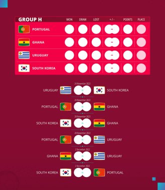 Futbol kupası 2022, H Grubu maç programı. Portekiz, Gana, Uruguay, Güney Kore bayrakları. Vektör illüstrasyonu.