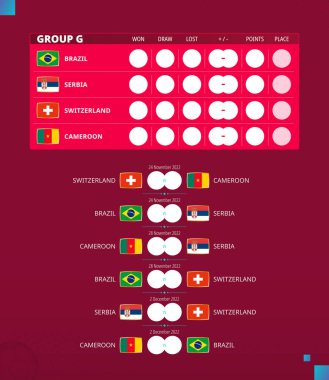 Futbol kupası 2022, G Grubu maç programı. Brezilya, Sırbistan, İsviçre, Kamerun bayrakları. Vektör illüstrasyonu.