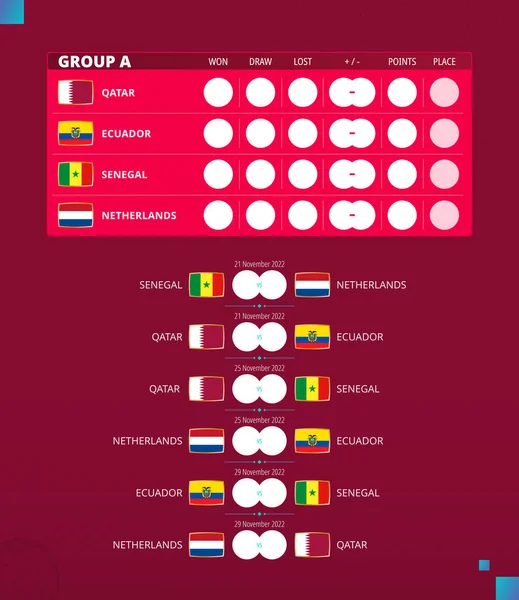 Copa Fútbol 2022 Calendario Partidos Del Grupo Banderas Qatar Ecuador — Vector de stock