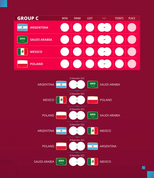 Copa Fútbol 2022 Calendario Partidos Del Grupo Banderas Argentina Arabia — Vector de stock