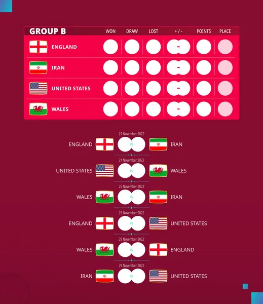 Copa Fútbol 2022 Calendario Partidos Del Grupo Banderas Inglaterra Irán — Vector de stock