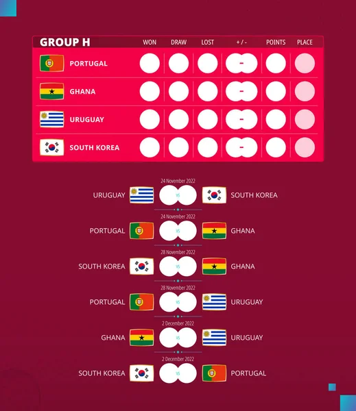 Fußball 2022 Spielplan Gruppe Flaggen Von Portugal Ghana Uruguay Südkorea — Stockvektor