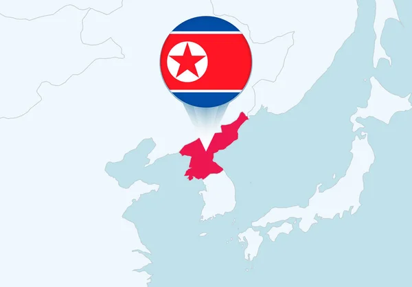 Seçili Kuzey Kore Haritası Kuzey Kore Bayrak Simgesi Ile Asya — Stok Vektör