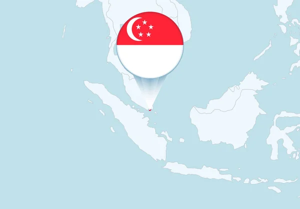 Asia Con Mapa Seleccionado Singapur Icono Bandera Singapur — Vector de stock