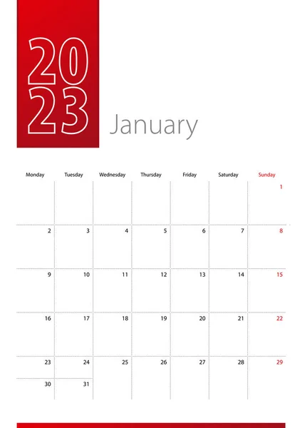 2023 Január Naptártervezés Hétfőn Kezdődik Hét Függőleges Naptári Sablon — Stock Vector