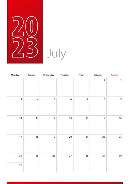 Julio 2023 Diseño Del Calendario Semana Comienza Lunes Plantilla Calendario — Vector de stock