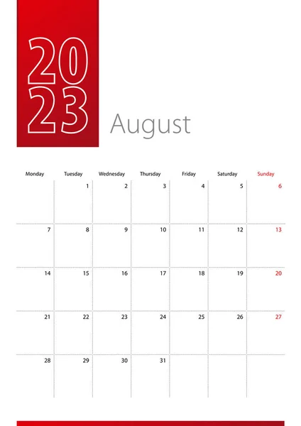 Agosto 2023 Diseño Del Calendario Semana Comienza Lunes Plantilla Calendario — Vector de stock