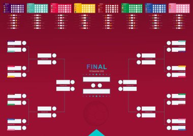 Football results table, countries flags participating in soccer tournament 2022. Tournament bracket template for print or web. Vector illustration.