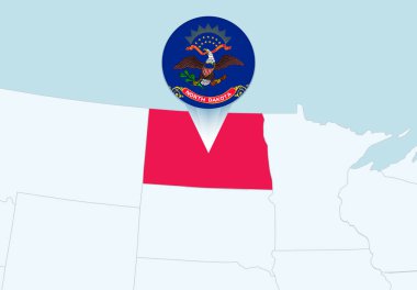 United States with selected North Dakota map and North Dakota flag icon. clipart