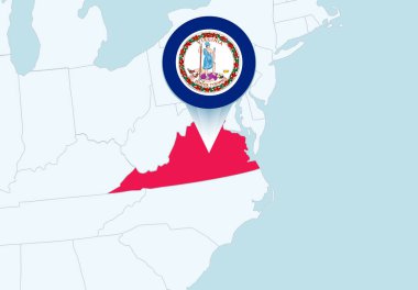 Seçili Virginia haritası ve Virginia bayrak simgesiyle Birleşik Devletler.