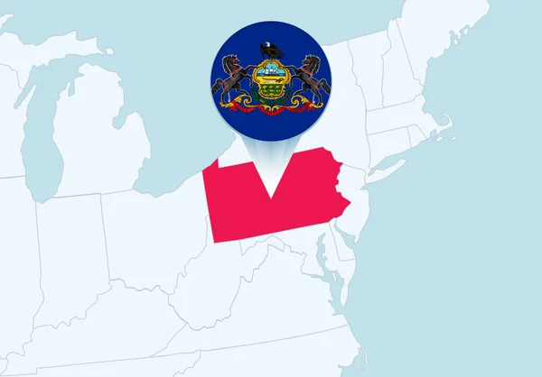具有选定宾夕法尼亚地图和宾夕法尼亚国旗图标的美国 — 图库矢量图片