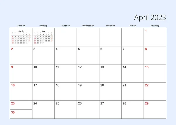 Wall Calendar Planner April 2023 English Language Week Starts Sunday — Vetor de Stock