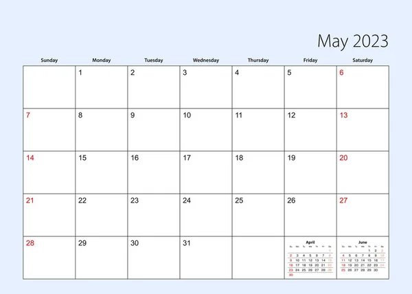 Wall Calendar Planner May 2023 English Language Week Starts Sunday — 图库矢量图片
