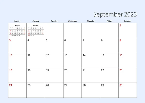 Wall Calendar Planner September 2023 English Language Week Starts Sunday — ストックベクタ