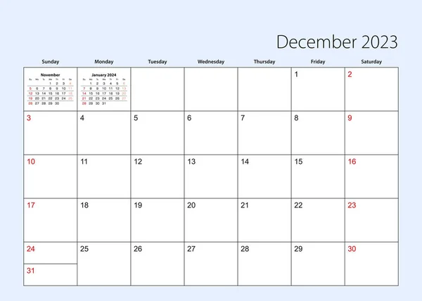 Wall Calendar Planner December 2023 English Language Week Starts Sunday — ストックベクタ