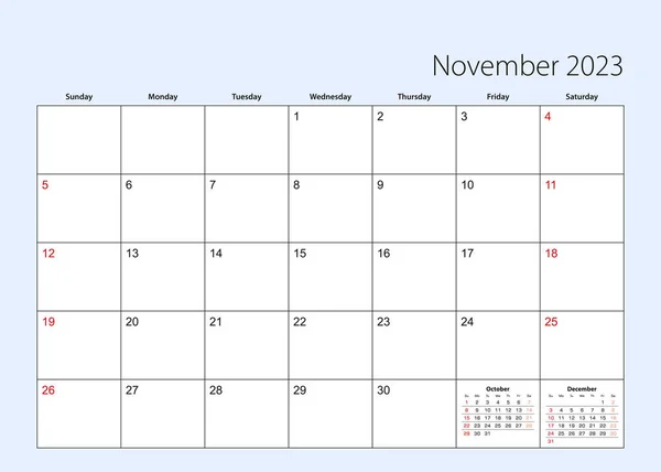 Wall Calendar Planner November 2023 English Language Week Starts Sunday — Vector de stock