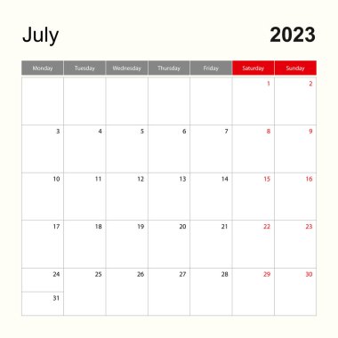 Temmuz 2023 için duvar takvimi şablonu. Tatil ve etkinlik planlayıcısı, hafta pazartesi başlıyor..