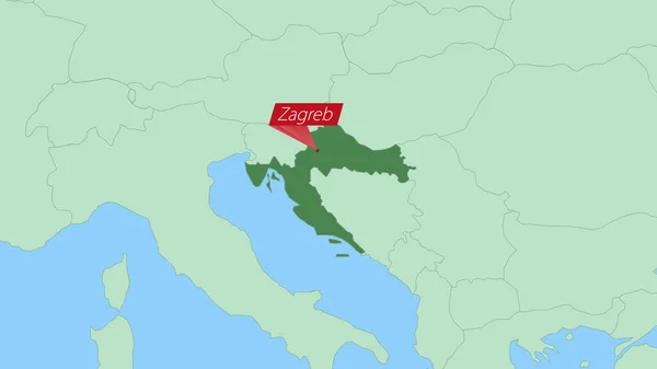 Kaart Van Kroatië Met Pin Van Land Hoofdstad — Stockvector