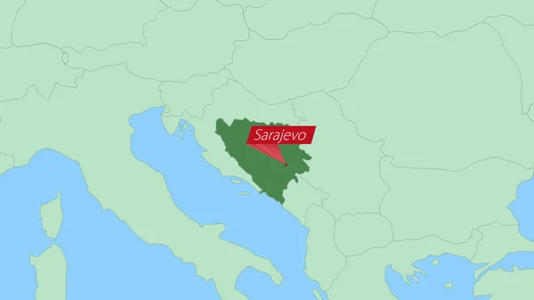 Mapa Bosnia Herzegovina Con Pin Capital Del País — Vector de stock