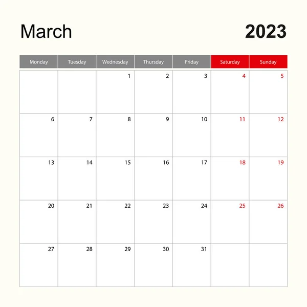 Wall Calendar Template March 2023 Holiday Event Planner Week Starts — Vetor de Stock